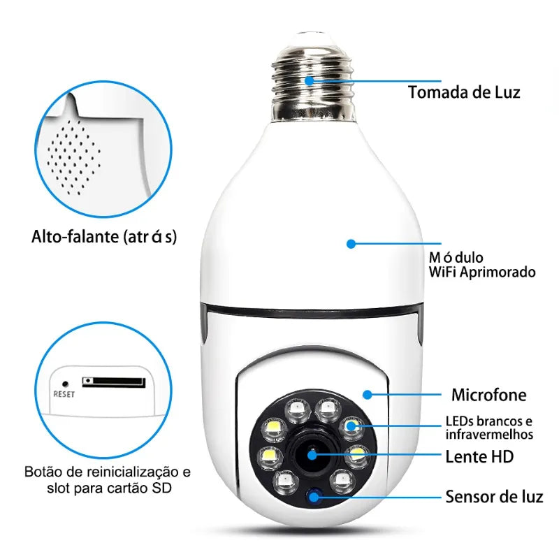 Câmera wifi sem fio giratória 360 com encaixe lampada full HD visão noturna